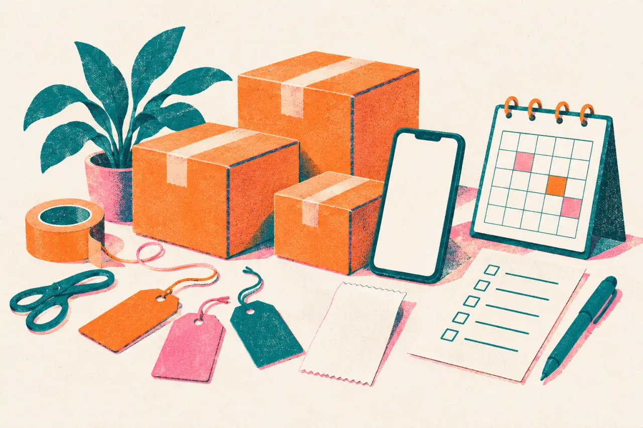 Ilustración risograph de paquetes, etiquetas de oferta, un celular y una lista de pedidos para CyberMonday