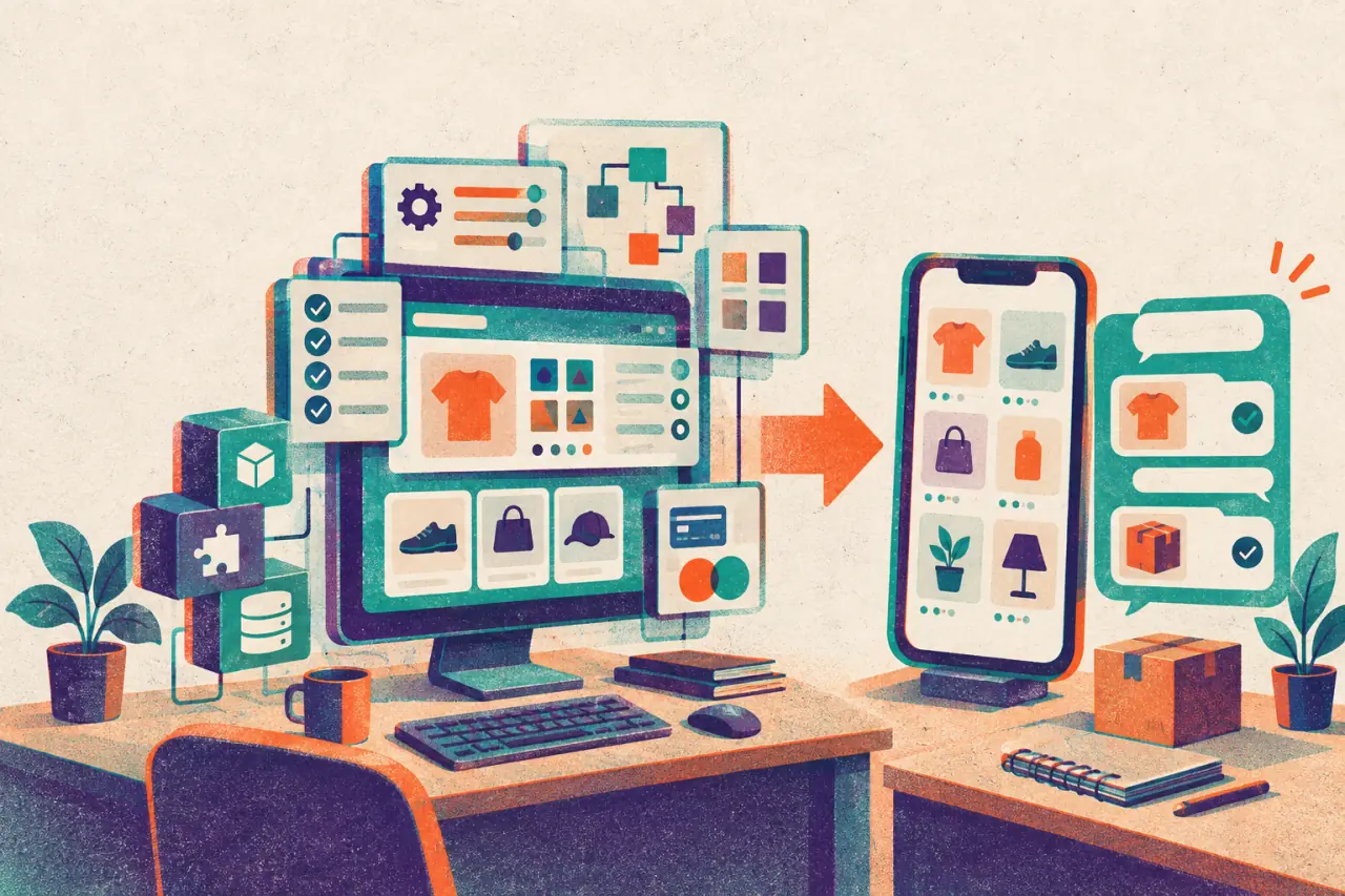 Ilustración risograph de una plataforma de comercio configurable frente a un catálogo simple con pedidos por chat