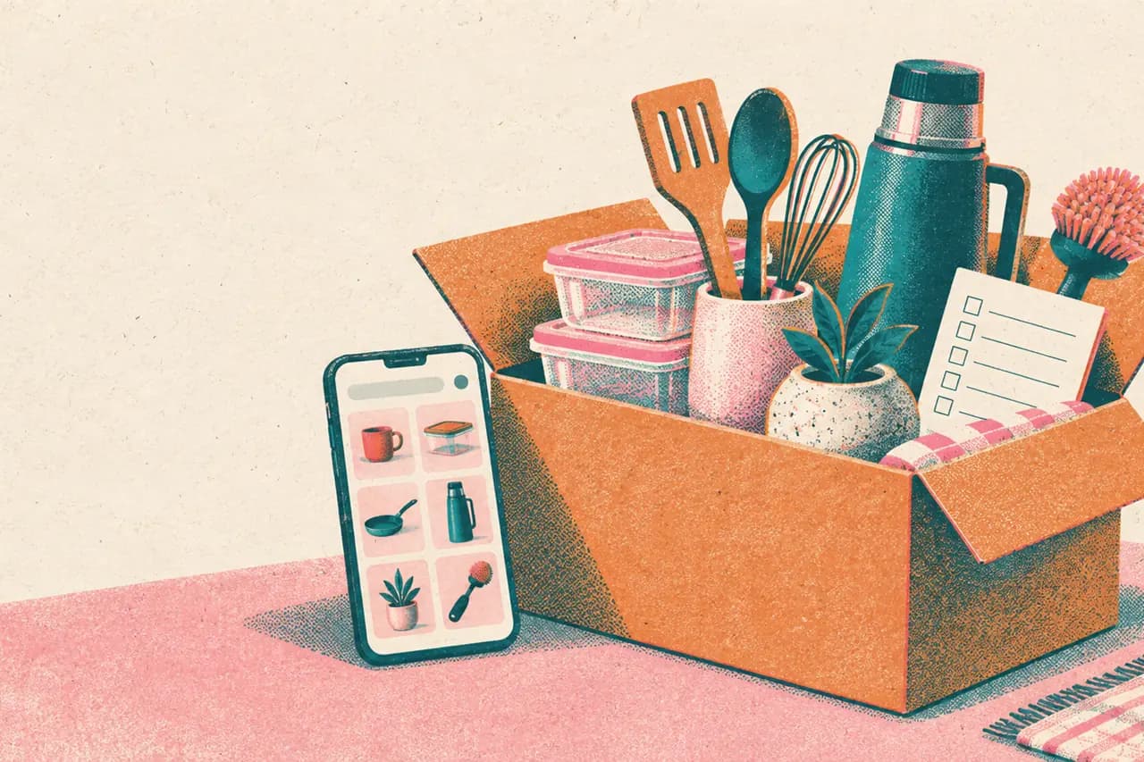 Ilustración risograph de una caja con artículos de bazar, utensilios, organizadores, checklist y teléfono con catálogo
