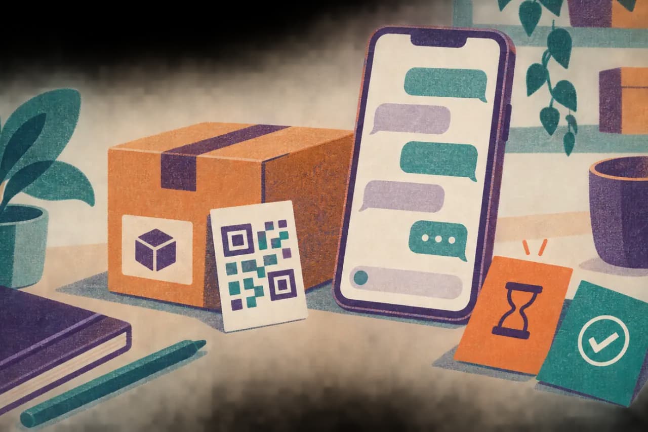 Ilustración risograph de un celular con un pedido por WhatsApp pendiente de pago, un paquete, una tarjeta QR y estados de seguimiento