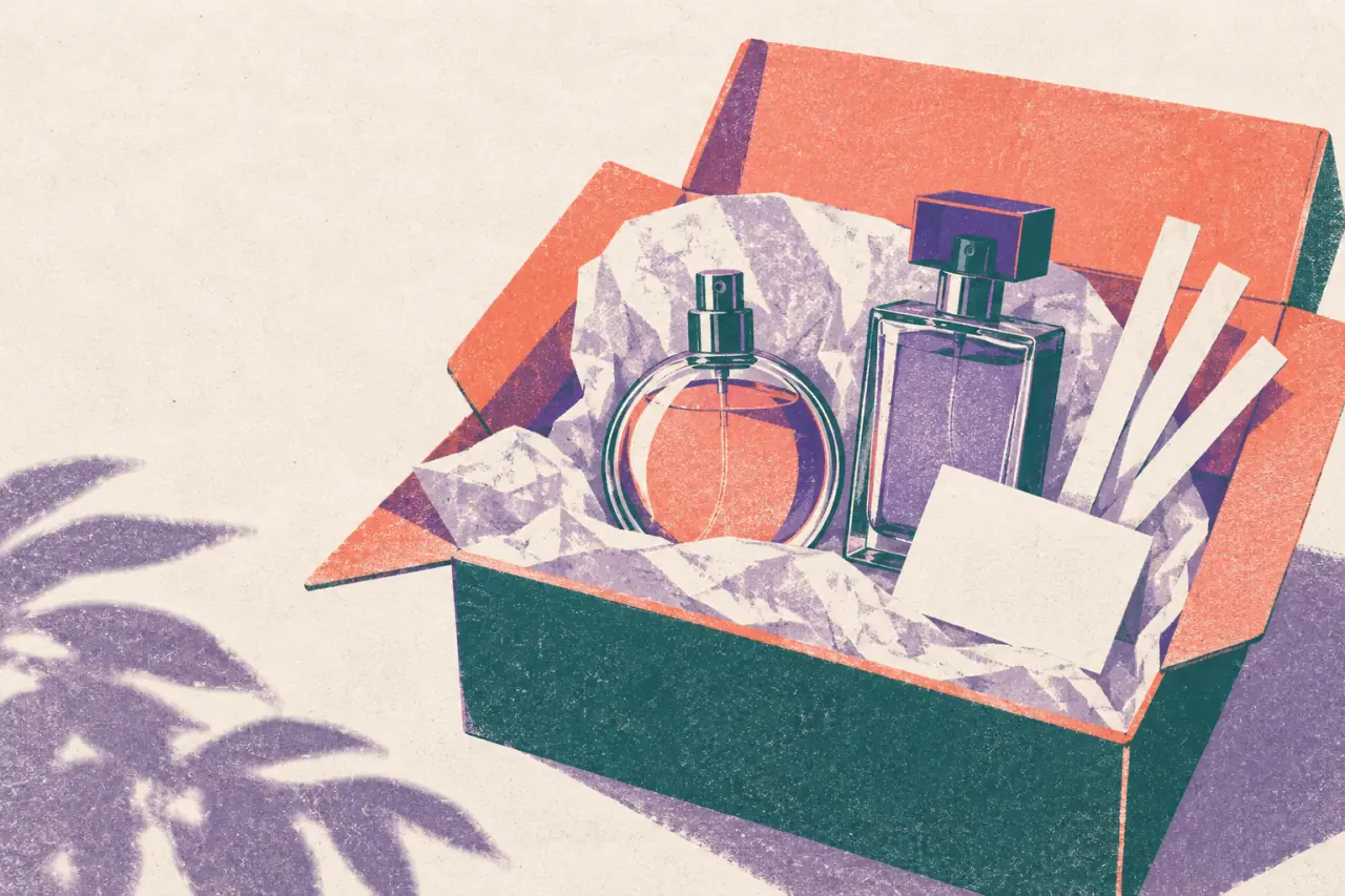 Ilustración risograph de una caja con dos perfumes, tiras olfativas, papel protector y una tarjeta de pedido