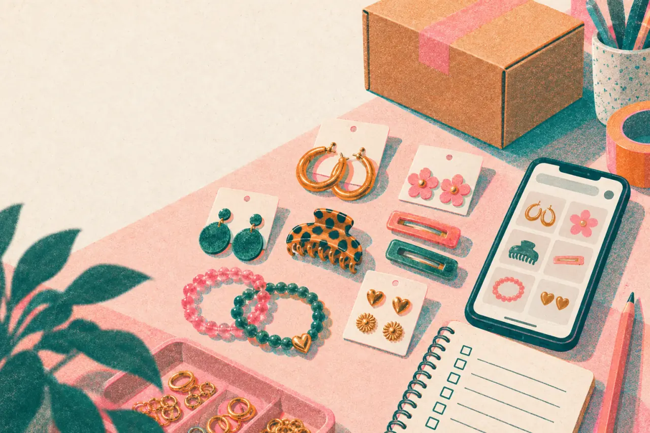 Ilustración risograph de aros, pulseras, accesorios de pelo, caja, checklist y teléfono con catálogo para compra mayorista