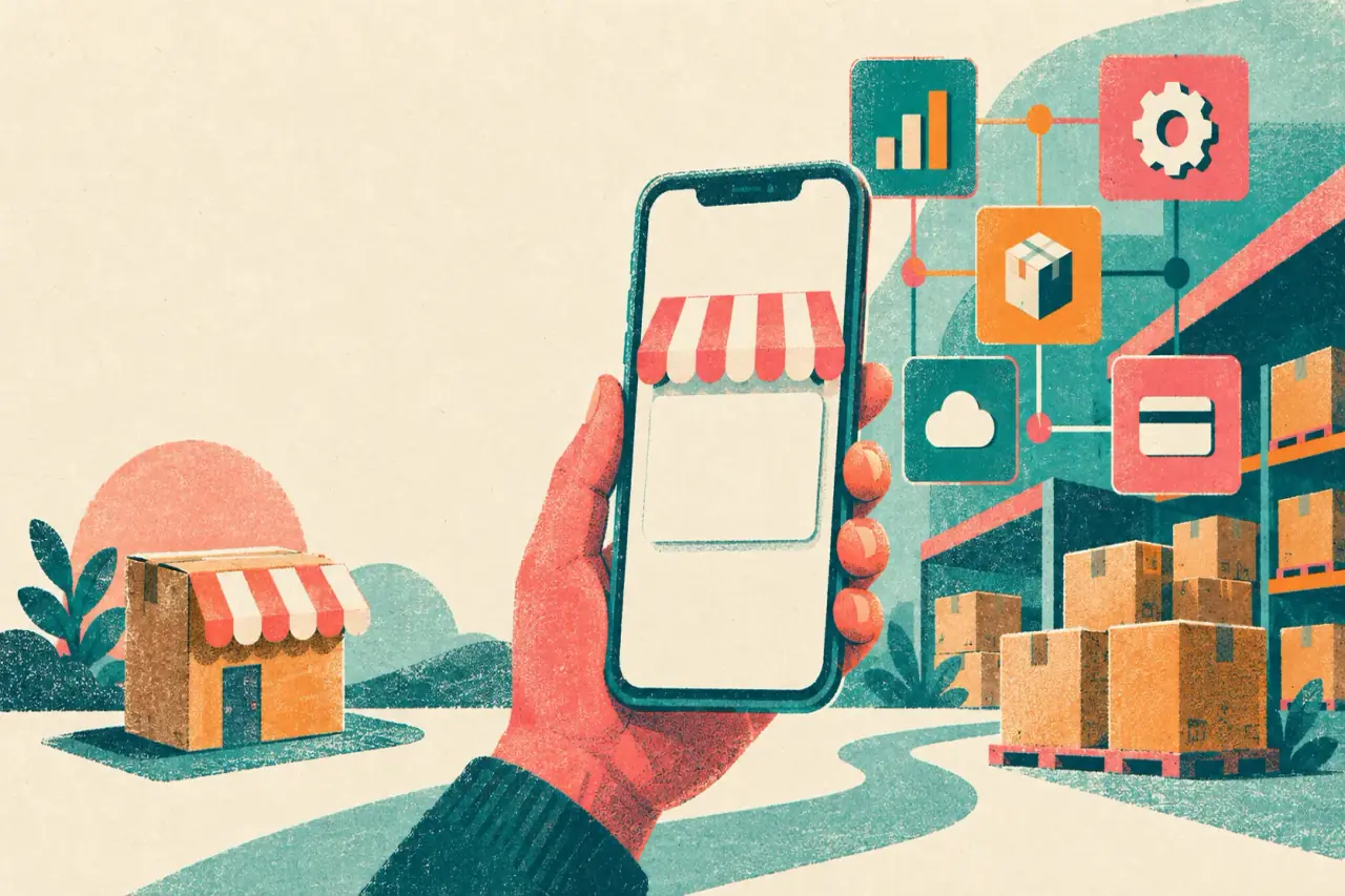 Ilustración risograph de una mano con un teléfono que conecta una tienda pequeña con paquetes e integraciones de ecommerce