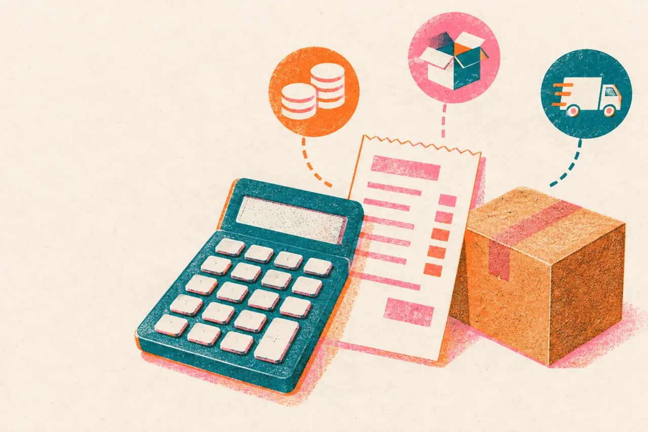 Ilustración risograph de una calculadora, un recibo y una caja de envío para calcular precios de venta