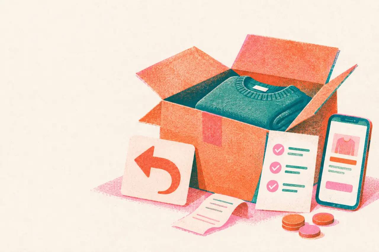 Ilustración risograph de una caja abierta, una prenda, una lista de control y una flecha de devolución