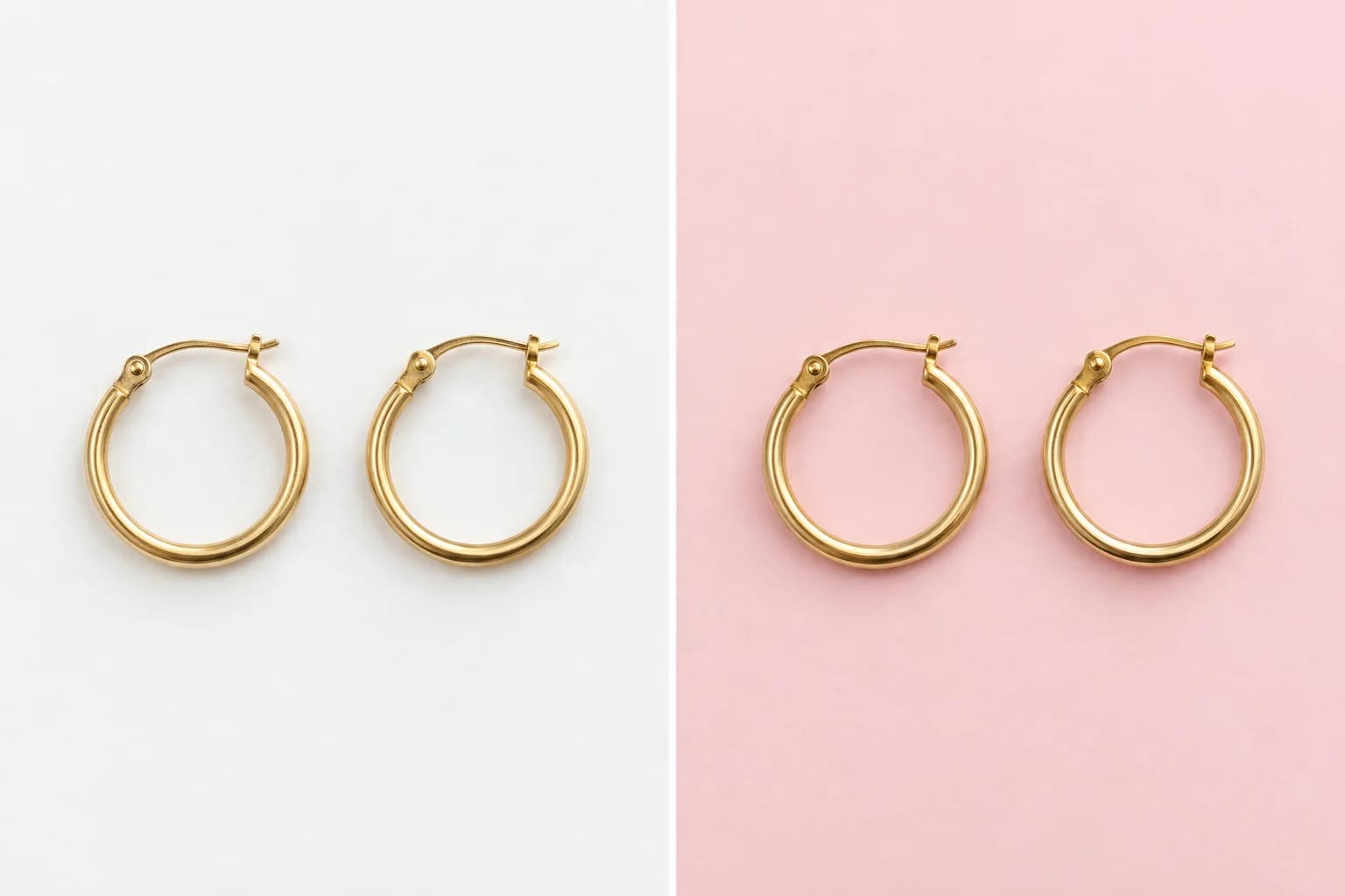 Aros dorados sobre fondo blanco a la izquierda y rosa pastel a la derecha