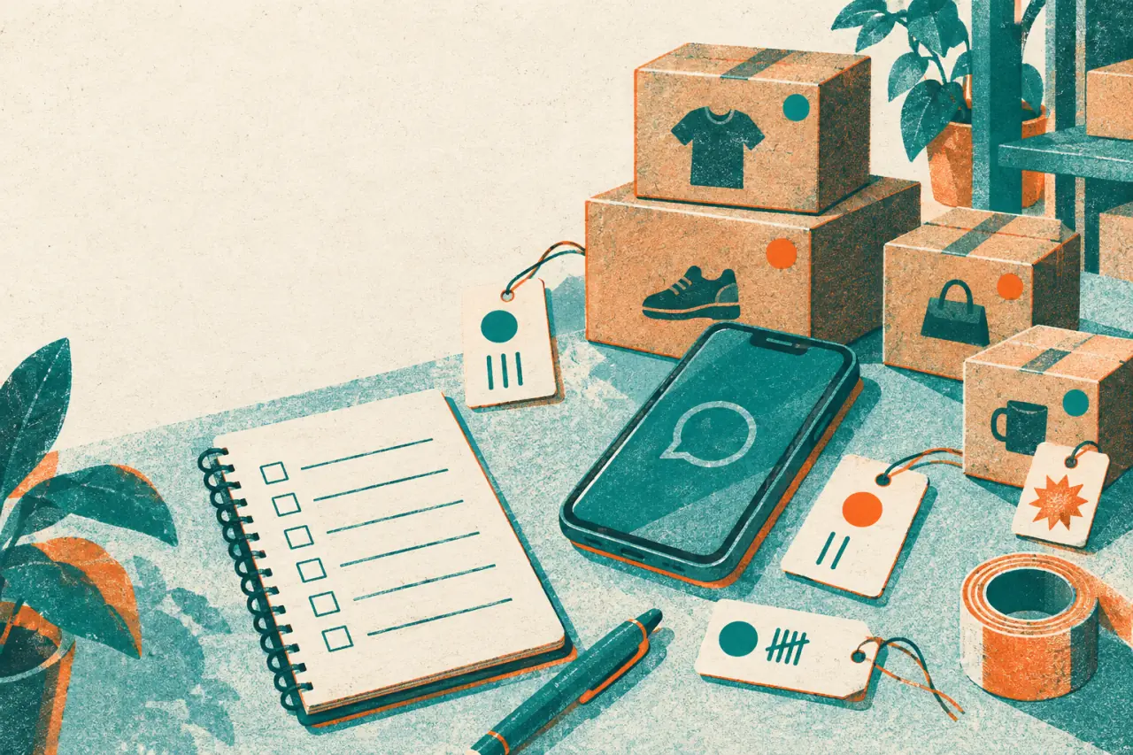 Ilustración risograph de un celular junto a cajas de productos, etiquetas de inventario y una lista de control de stock
