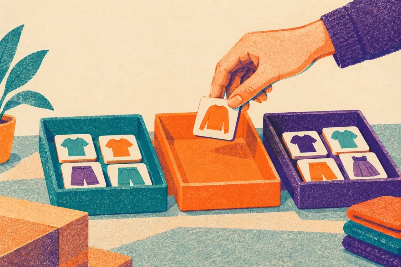 Ilustración risograph de una mano que mueve una ficha de producto hacia una bandeja de reserva