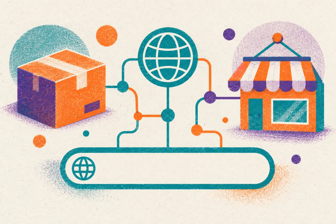 Paquete y celular conectados a un dominio para una tienda online argentina
