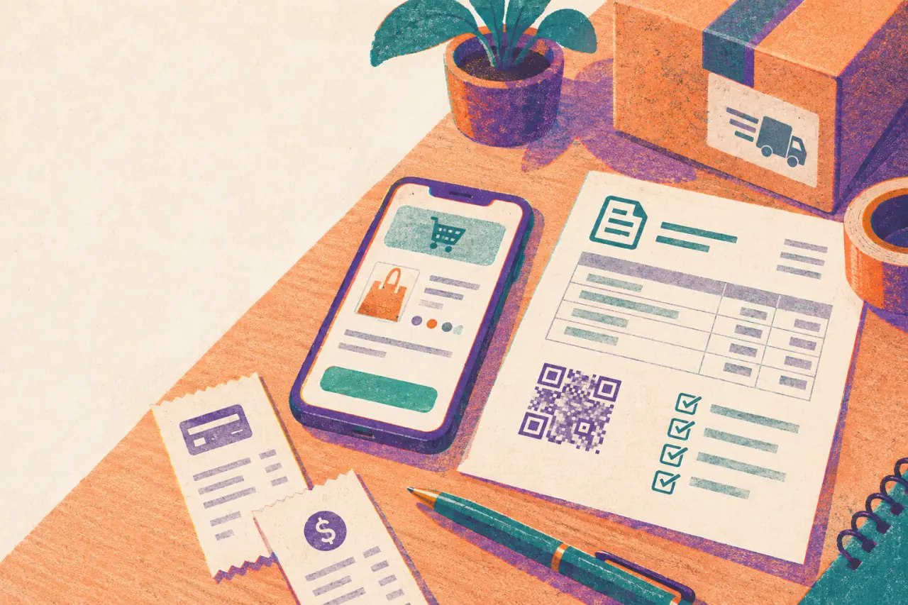 Ilustración risograph de una factura electrónica, un pedido online y una lista de control fiscal