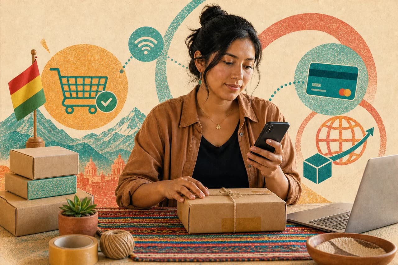 Emprendedora boliviana gestiona pedidos online con su celular, computadora, paquetes y una bandera de Bolivia