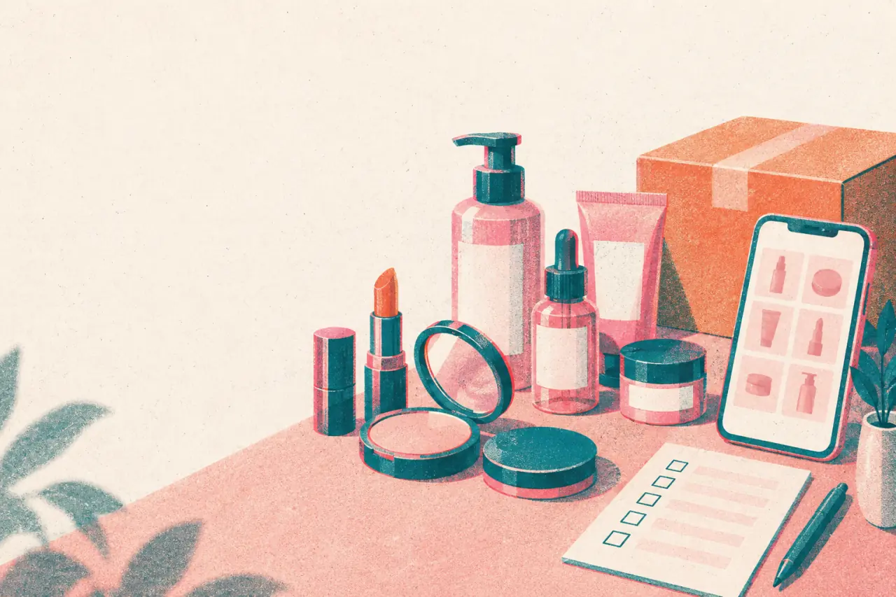 Ilustración risograph de maquillaje, skincare, checklist, teléfono con catálogo y caja para compra mayorista de cosmética