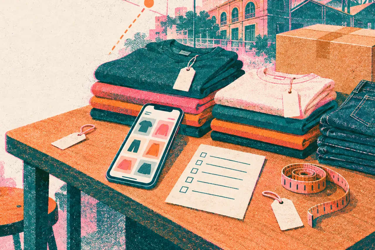 Ilustración risograph de prendas dobladas, teléfono con catálogo, checklist y paquete para compras mayoristas de ropa