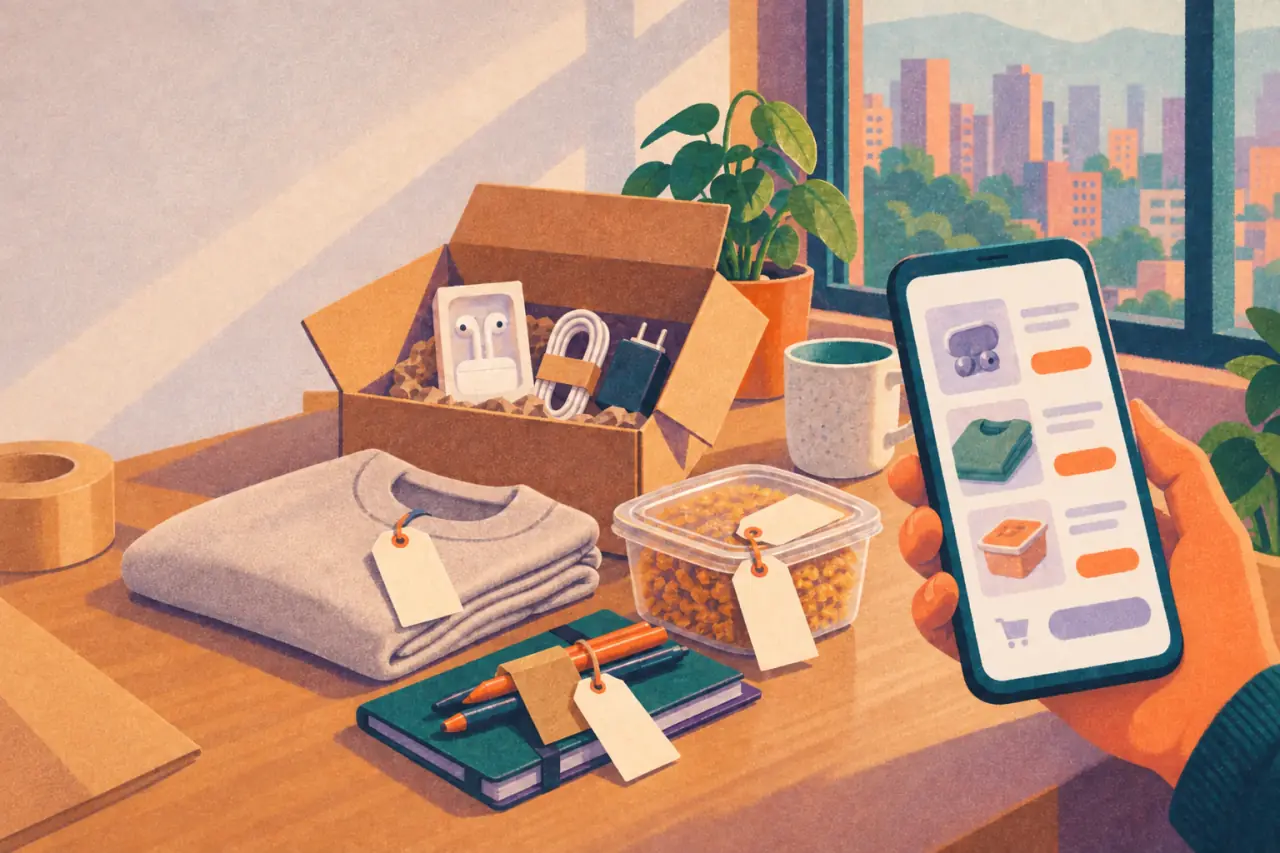 Ilustración risograph de una mesa de emprendimiento en Bogotá con ropa, accesorios, comida empacada y un catálogo en el celular