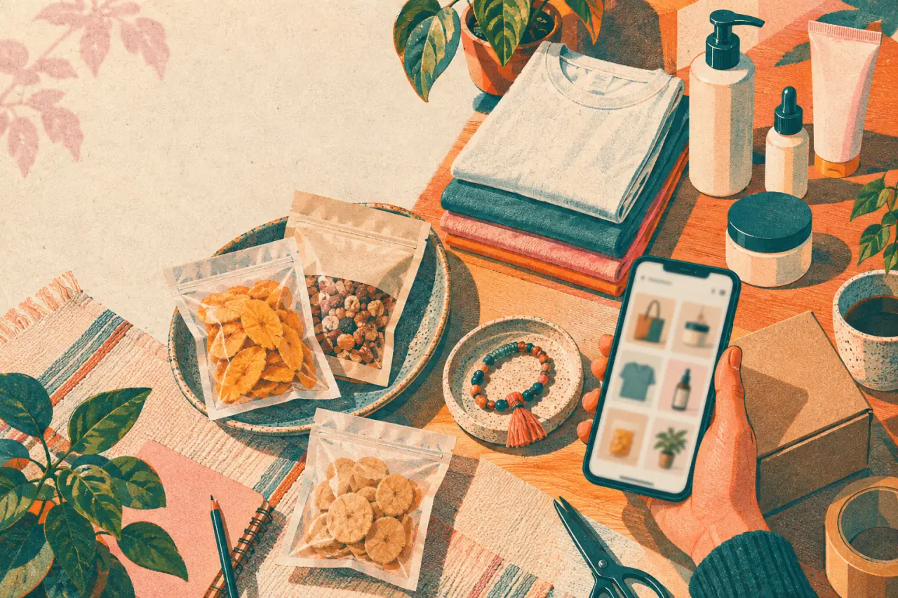 Ilustración risograph de una mesa con ropa, productos de belleza, snacks empacados y un catálogo en el celular