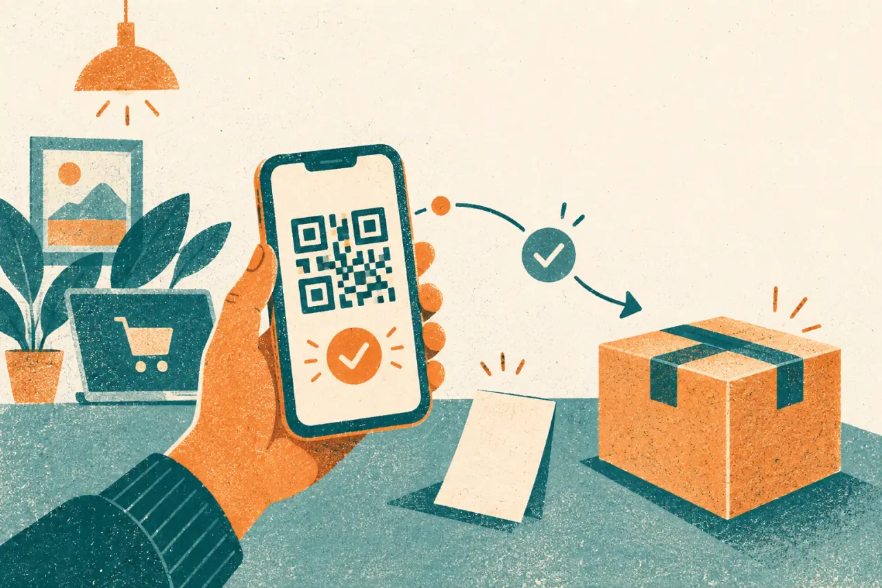 Ilustración risograph de un celular con pago QR, un comprobante de pedido y un paquete para comparar QR Simple con una pasarela en Bolivia