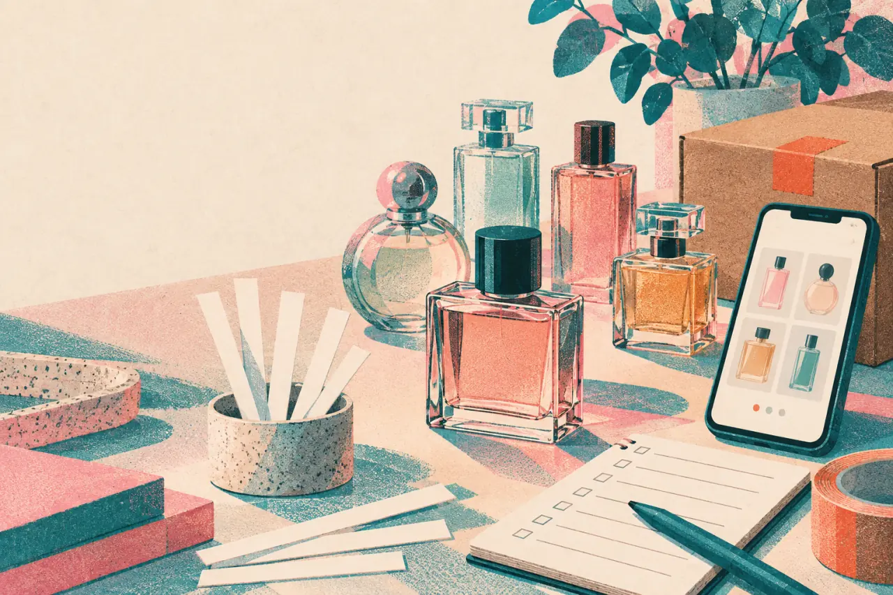 Ilustración risograph de perfumes, tiras olfativas, caja, checklist y teléfono con catálogo para comprar por mayor