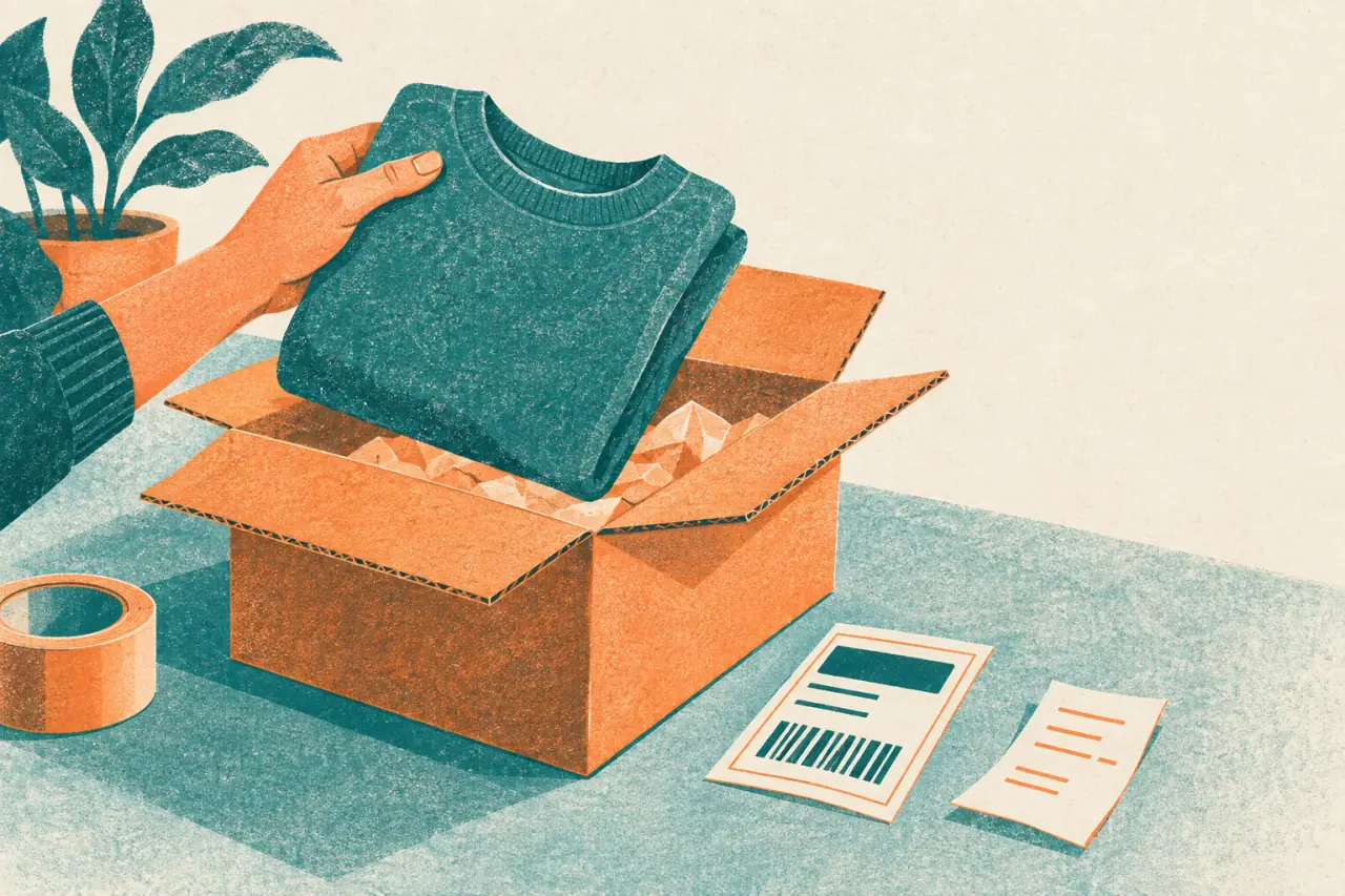 Ilustración risograph de una mano revisando una prenda sobre una caja de devolución
