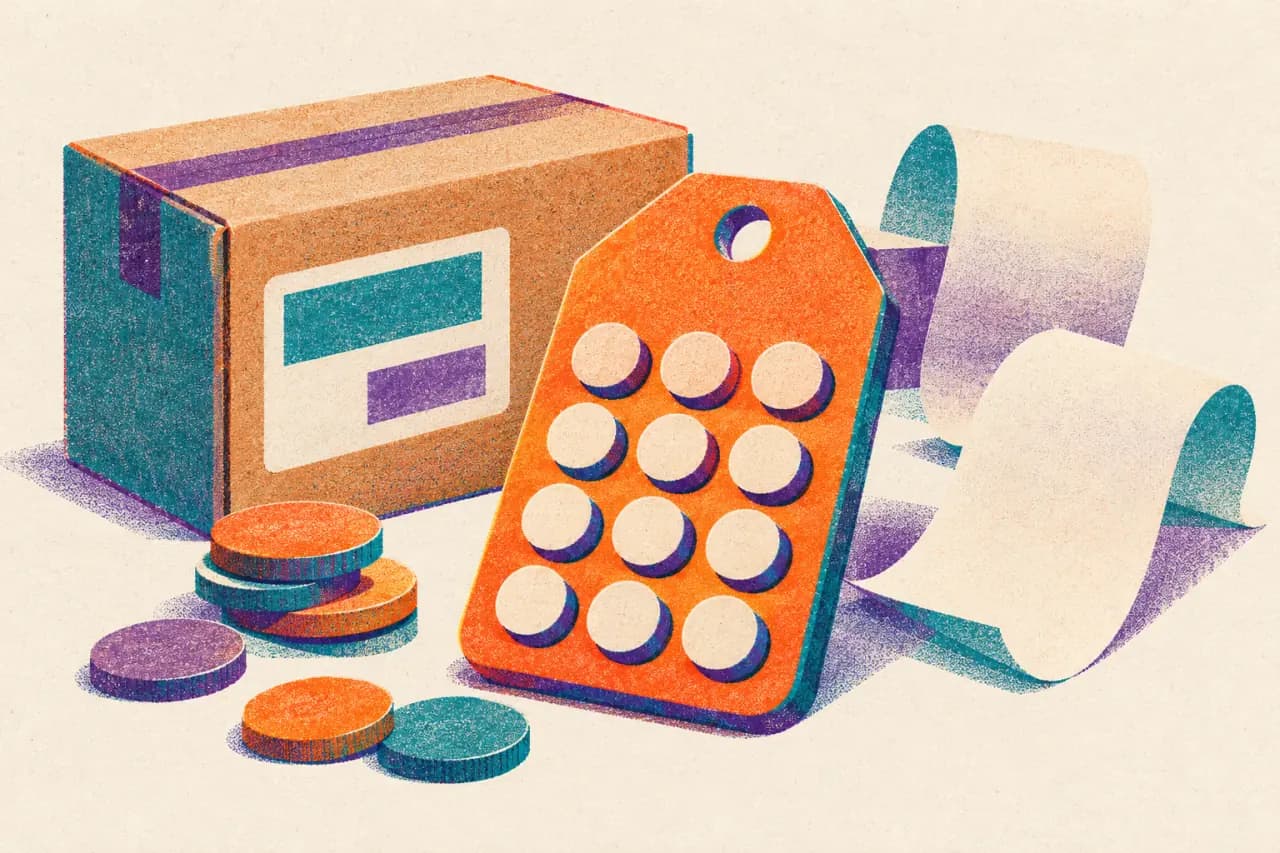 Etiquetas de precio, calculadora, paquete y recibo sobre una mesa para calcular precios de venta