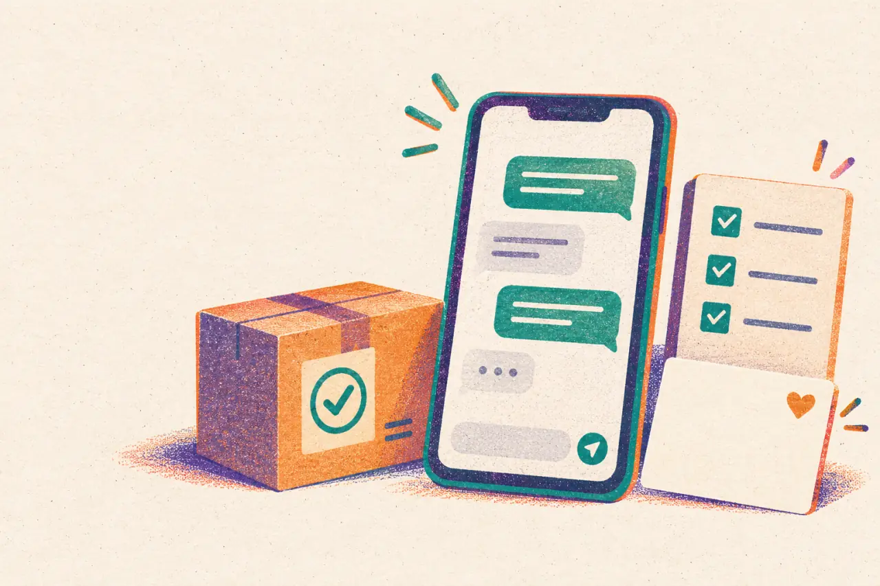 Ilustración risograph de un celular con mensajes de postventa, un paquete entregado, una lista de seguimiento y una ficha de cliente