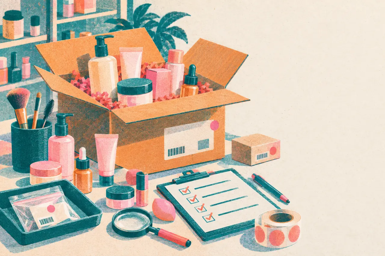 Ilustración risograph de una caja abierta con productos de belleza genéricos, una lupa y una lista de revisión