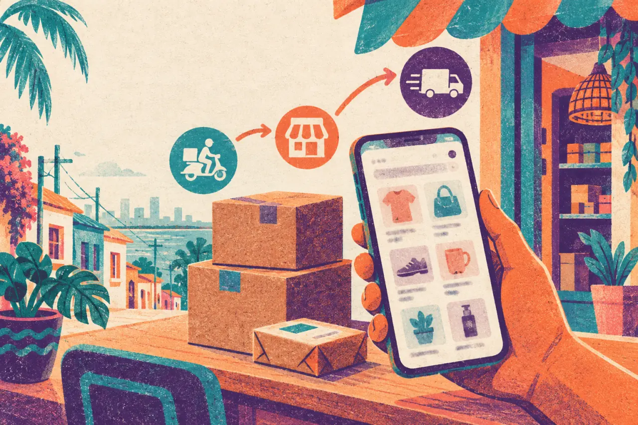 Ilustración risograph de un catálogo móvil, paquetes y rutas de entrega desde una tienda en Barranquilla
