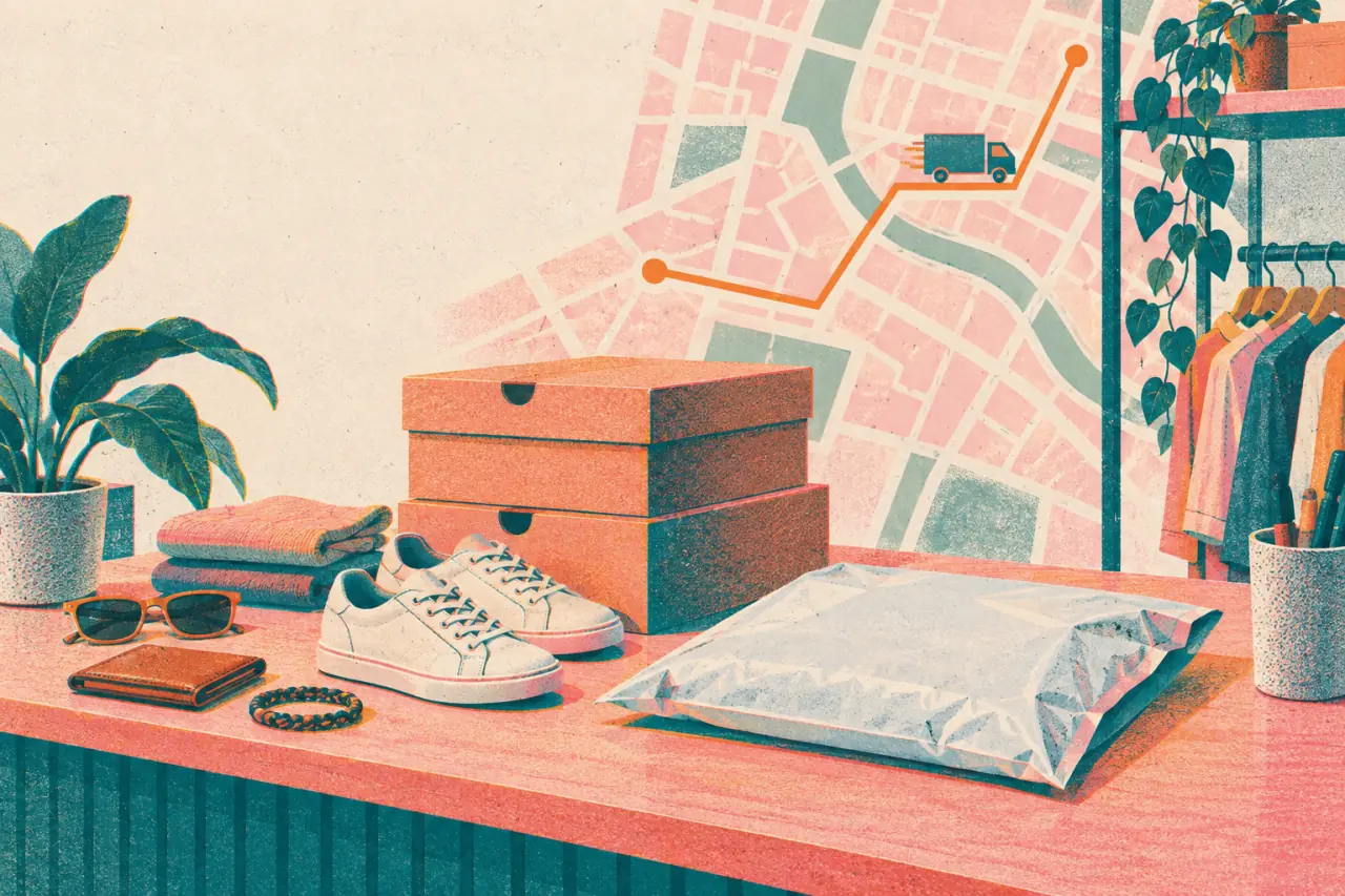 Ilustración risograph de zapatos, accesorios y un paquete preparado para una venta online en Bucaramanga