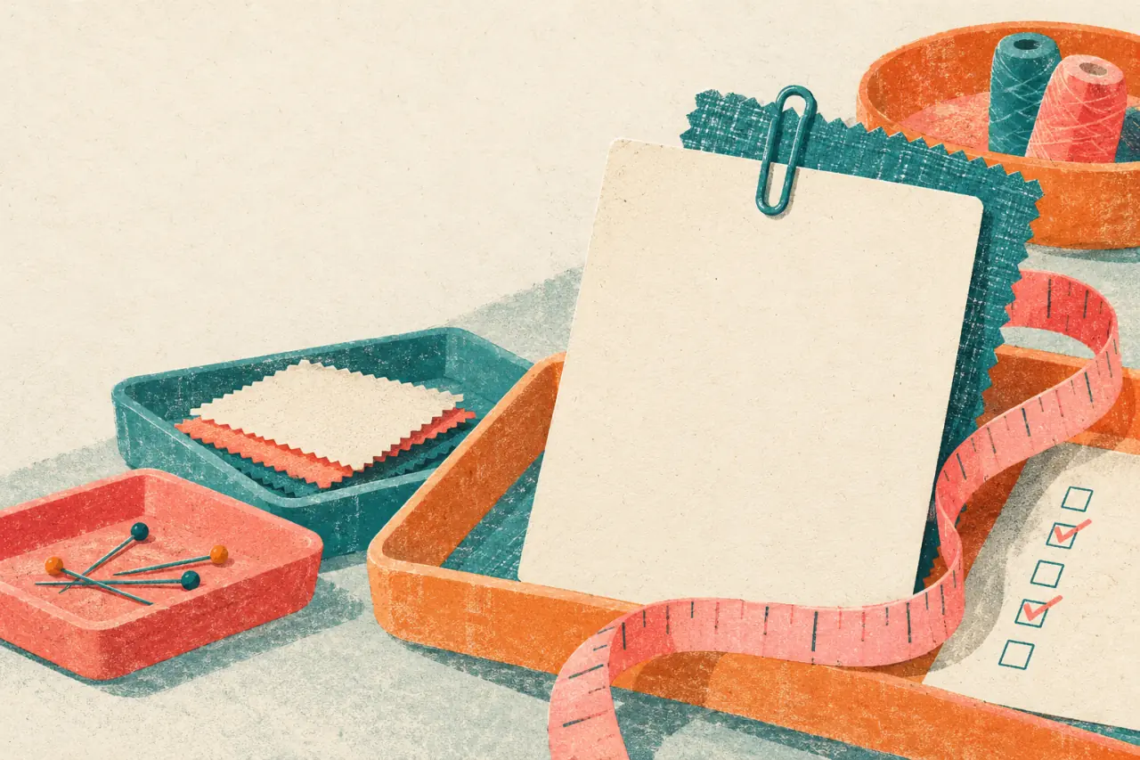 Ilustración risograph de una orden personalizada junto a una muestra de tela, una cinta métrica y una lista de producción