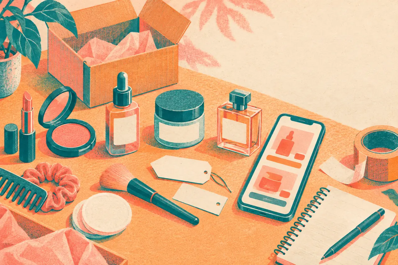 Ilustración risograph de productos de maquillaje, skincare, perfume y accesorios junto a una caja y un celular