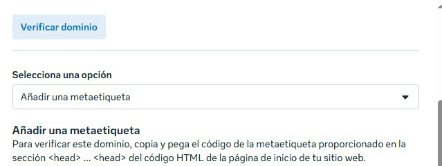 Método de metaetiqueta seleccionado en la configuración de dominios de Meta