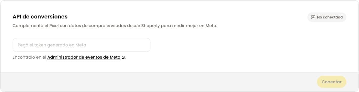 Tarjeta API de conversiones de Shoperly antes de conectar, con el campo para el token y el botón Conectar