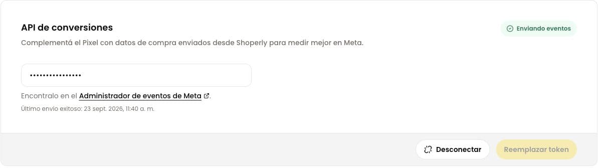 API de conversiones conectada en Shoperly, con el token oculto, el estado Enviando eventos y la fecha del último envío exitoso